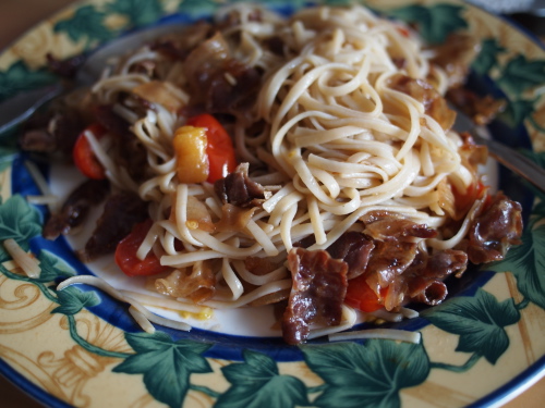 prosciutto, peach, tomato, linguine