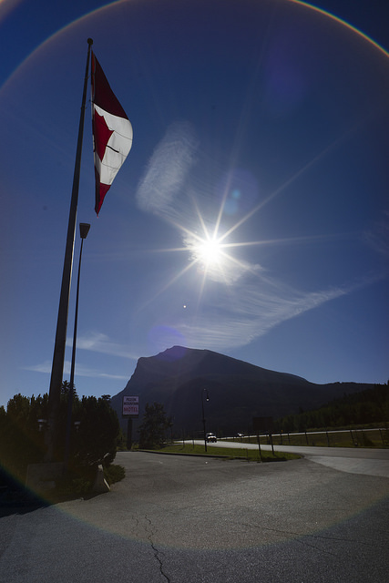 Canadian flag by the Trans-Canada Highway at Pigeon Mountain, Alberta