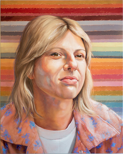 Illecebrous, a head-and-shoulders painting of a woman on a multicoloured striped background